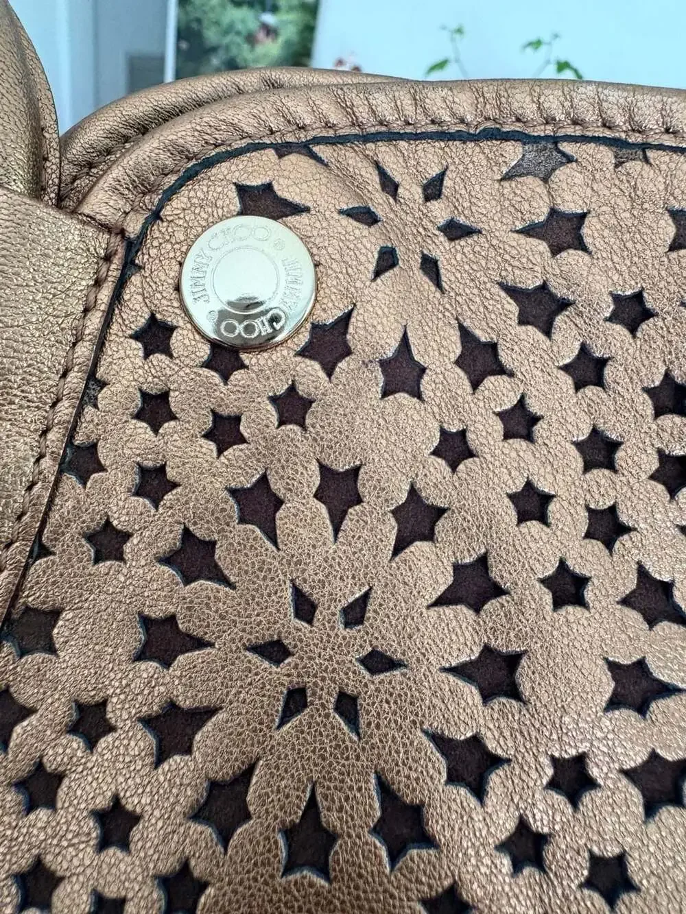 Jimmy Choo Metallic Bronze Star Perforated Leather Tote Shoulder Bag